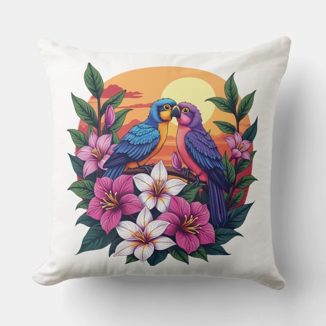 Lebhafte Lovebirds bei Sonnenuntergang mit tropisc Kissen (Vorderseite)