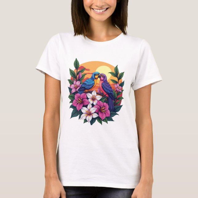 Lebhafte Lovebirds bei Sonnenuntergang mit tropisc T-Shirt (Vorderseite)