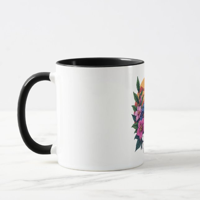 Lebhafte Lovebirds bei Sonnenuntergang mit tropisc Tasse (Links)