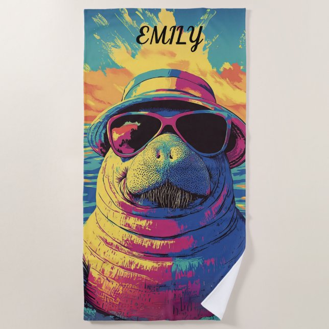 Lebhafte Manatee-Sonnenbrille mit hellen Strandfar Strandtuch (Vorderseite)