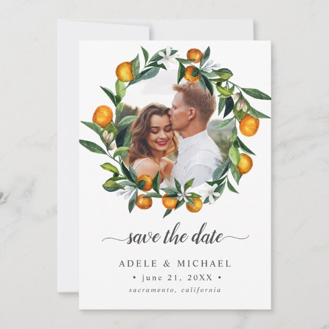 Lebhafte Mandarine Citrus Blossom Foto Save the Da Date (Vorderseite)