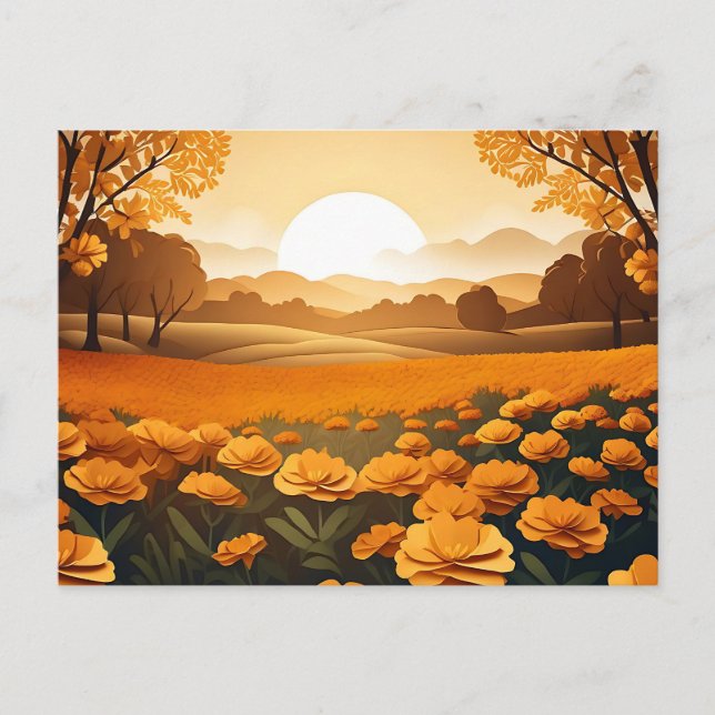 Lebhafte Marigold-Felder mit Sonnenlicht Postkarte (Vorderseite)