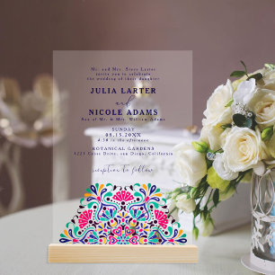 Lebhafte mexikanische Fiesta Style Rainbow Wedding Acryleinladungen