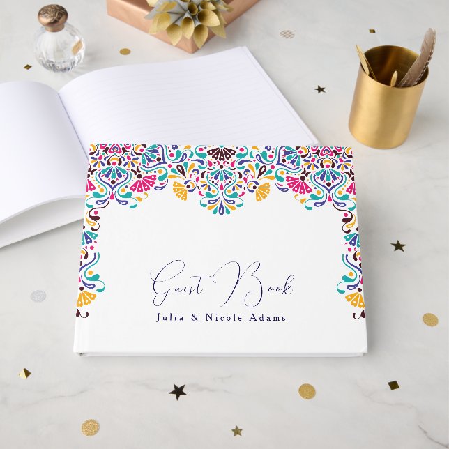 Lebhafte mexikanische Fiesta Style Rainbow Wedding Gästebuch (Vorderseite Offen)