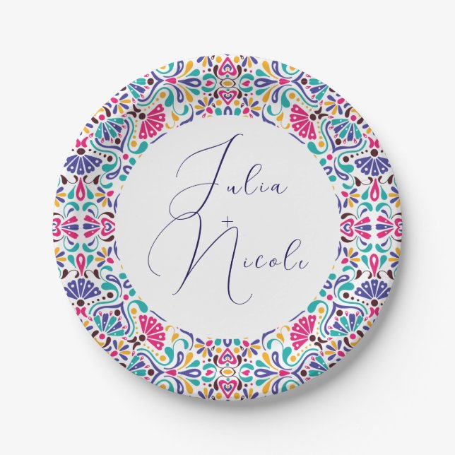 Lebhafte mexikanische Fiesta Style Rainbow Wedding Pappteller (Vorderseite)