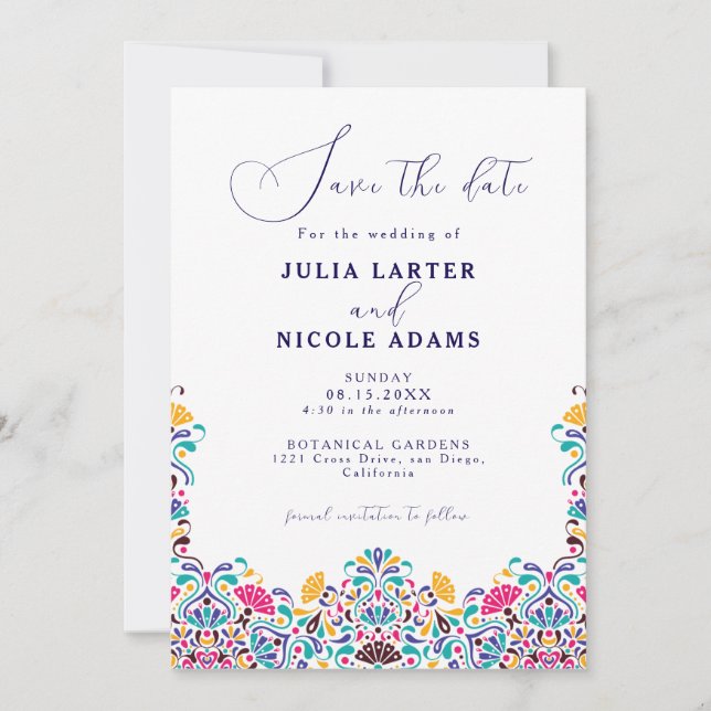 Lebhafte mexikanische Fiesta Style Rainbow Wedding Save The Date (Vorderseite)