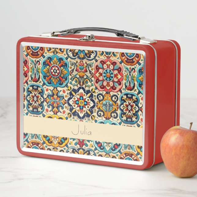 Lebhafte mexikanische Red Blue Tiles Personalisier Metall Brotdose (Beispiel)