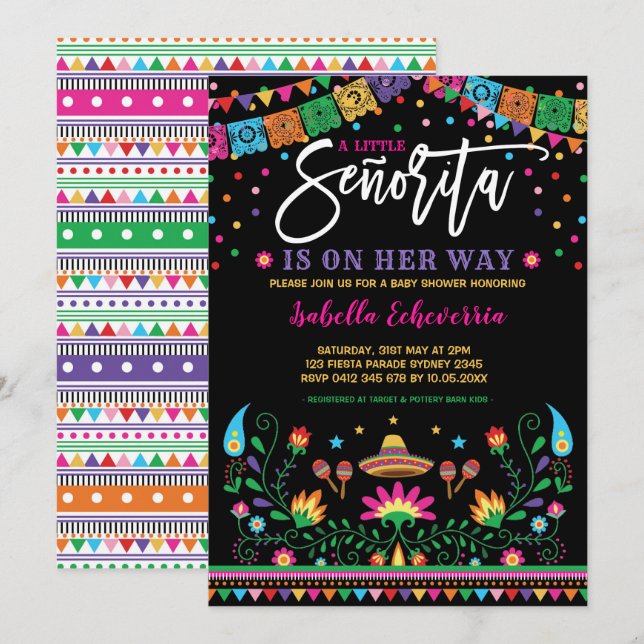 Lebhafte mexikanische Senorita Fiesta Babydusche Einladung (Vorne/Hinten)
