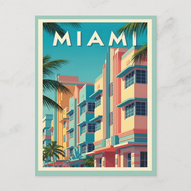 Lebhafte Miami-Gebäude mit Palmen Postkarte (Vorderseite)
