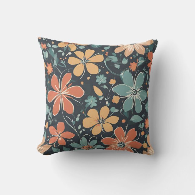 Lebhafte moderne Blumen, Orange, gelbe Blumen. Ret Kissen (Vorderseite)