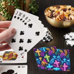 Lebhafte Neon Crosses inmitten tropischer Blätter  Spielkarten