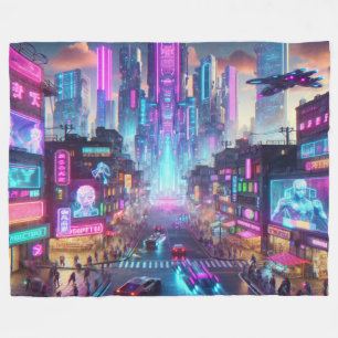 Lebhafte Neon Cyberpunk Cityscape Fantasy   Fleecedecke