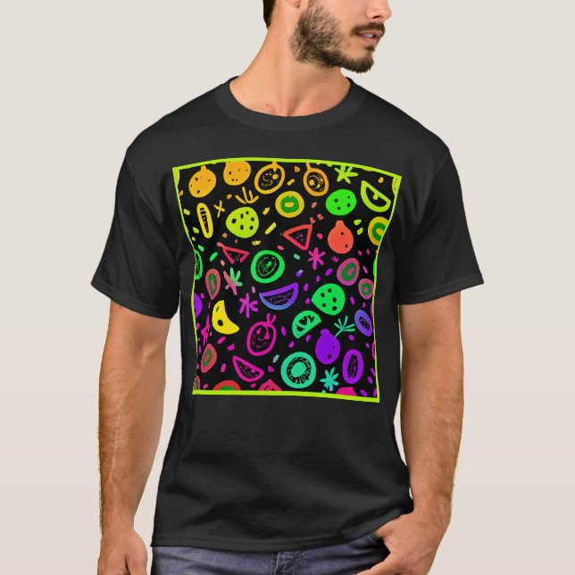 Lebhafte Neon Fruits Muster Kunst T-Shirt (Vorderseite)