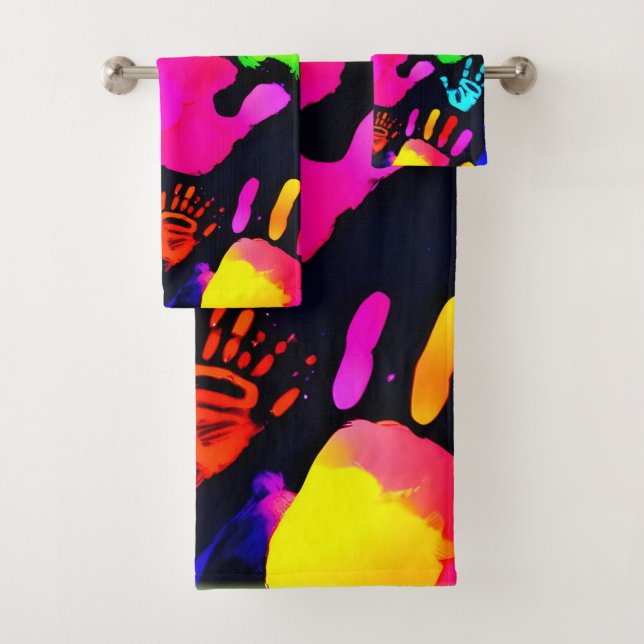 Lebhafte Neon Handprint Art Badhandtuch Set (Insitu)