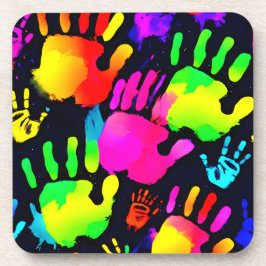Lebhafte Neon Handprint Art Getränkeuntersetzer