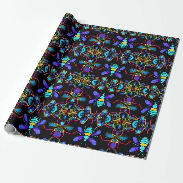 Lebhafte Neon Honeybee mit Abstraktem Hexagonal Geschenkpapier (Ungerollt)