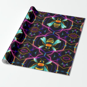 Lebhafte Neon Honeybee mit Abstraktem Hexagonal Geschenkpapier