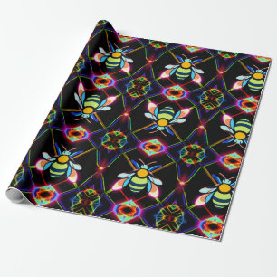 Lebhafte Neon Honeybee mit Abstraktem Hexagonal Geschenkpapier
