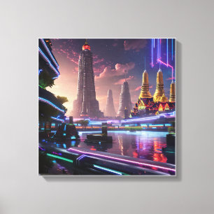 Lebhafte Neonlichter aus Cyberpunk Bangkok Leinwanddruck