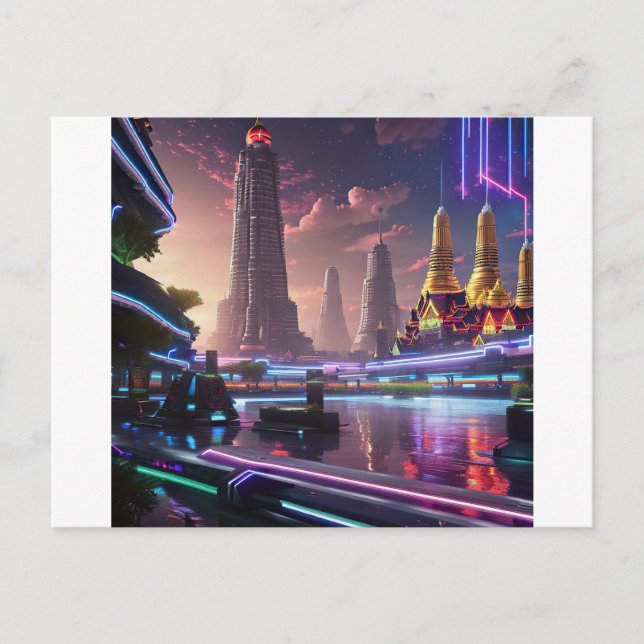 Lebhafte Neonlichter aus Cyberpunk Bangkok Postkarte (Vorderseite)