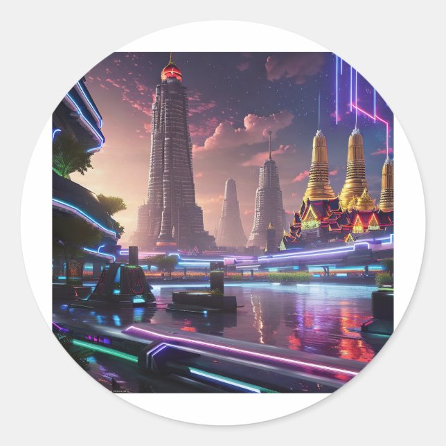 Lebhafte Neonlichter aus Cyberpunk Bangkok Runder Aufkleber (Vorderseite)