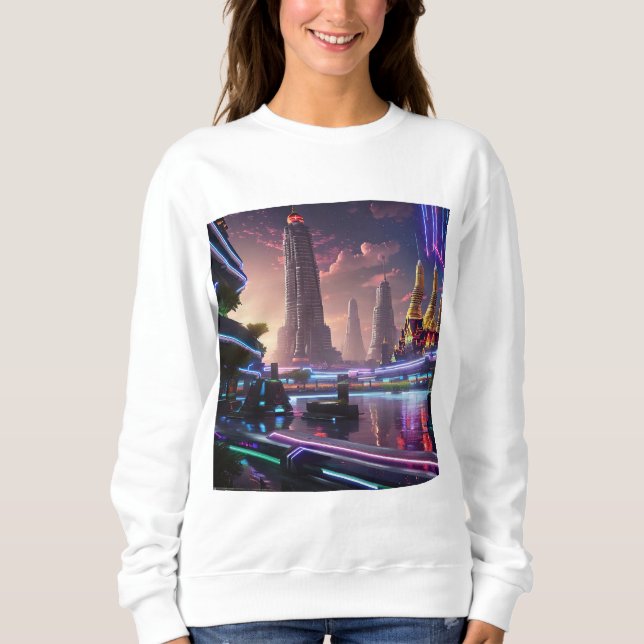 Lebhafte Neonlichter aus Cyberpunk Bangkok Sweatshirt (Vorderseite)
