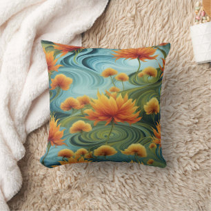 Lebhafte Orange-Blume inmitten wirbelnder Blues Kissen