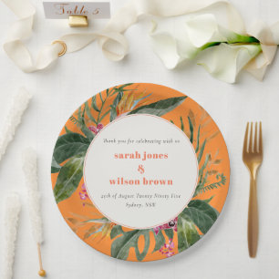 Lebhafte Orange Blush Boho Tropical Floral Wedding Pappteller