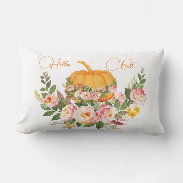 Lebhafte Orange Hello Fall Pumpkin Wasserfarbe Ros Lendenkissen (Vorderseite)