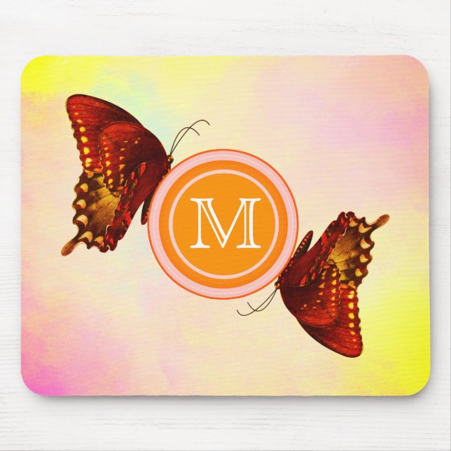 Lebhafte Orange Schmetterlinge & Pastel Sky | Mono Mousepad (Vorne)