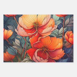 Lebhafte orange und rote Blume Geschenkpapier Set