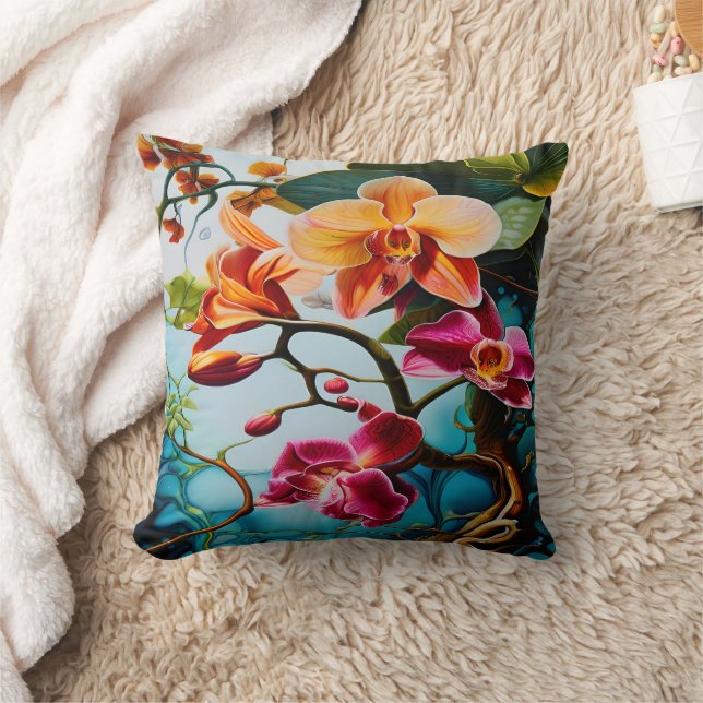 Lebhafte Orchideen blühen im tropischen Paradies Kissen (Decke)