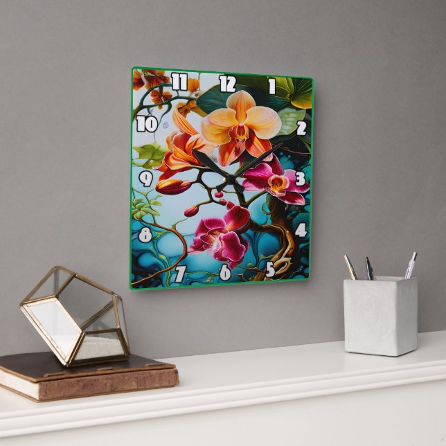 Lebhafte Orchideen blühen im tropischen Paradies Quadratische Wanduhr (Büro)