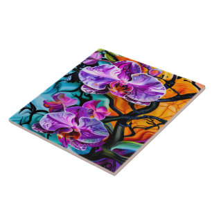 Lebhafte Orchideen mit farbenprächtigem Hintergrun Fliese