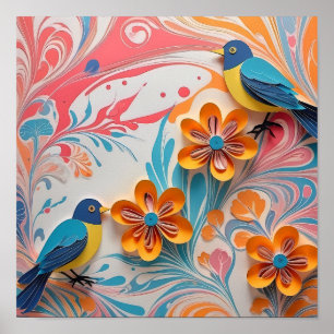 Lebhafte Papiervögel und florale Kunst - kreativ Poster