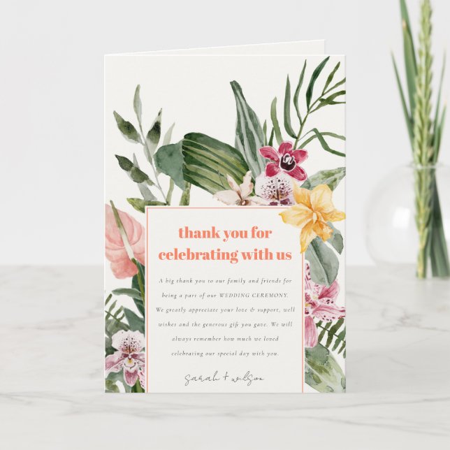Lebhafte Peach Blush Boho Tropical Floral Wedding Dankeskarte (Vorderseite)