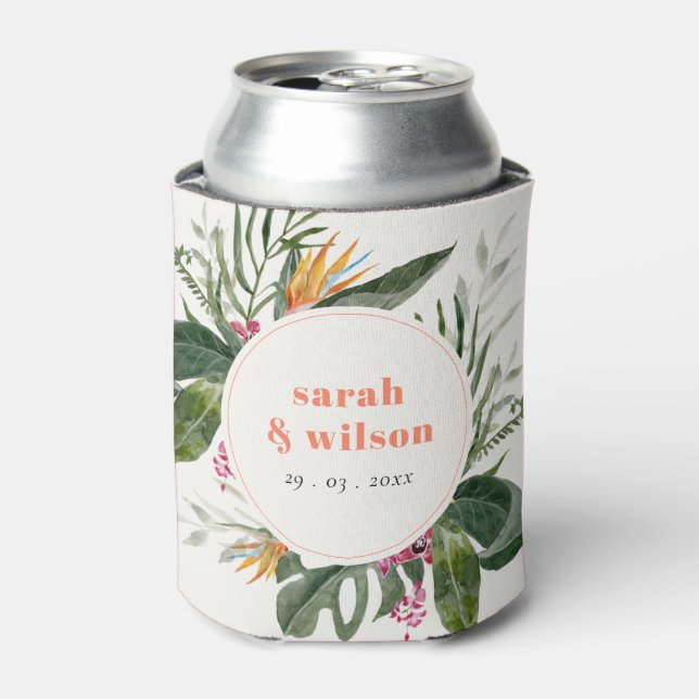 Lebhafte Peach Blush Boho Tropical Floral Wedding Dosenkühler (Kanne Vorderseite)