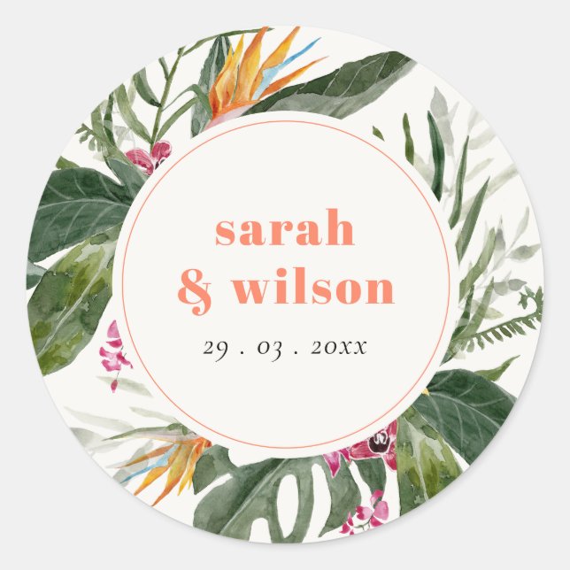 Lebhafte Peach Blush Boho Tropical Floral Wedding Runder Aufkleber (Vorderseite)