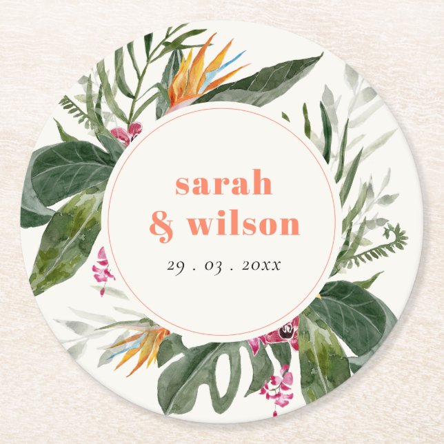 Lebhafte Peach Blush Boho Tropical Floral Wedding Runder Pappuntersetzer (Vorderseite)