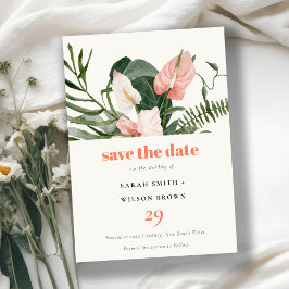 Lebhafte Peach Blush Boho Tropical Floral Wedding Save The Date
