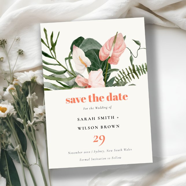 Lebhafte Peach Blush Boho Tropical Floral Wedding Save The Date (Von Creator hochgeladen)