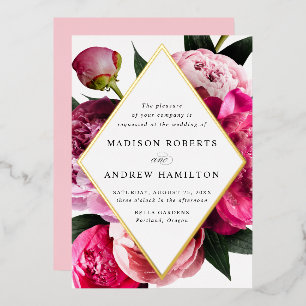 Lebhafte Peonies Diamant-Blütenrahmen Hochzeitsgol Folieneinladung