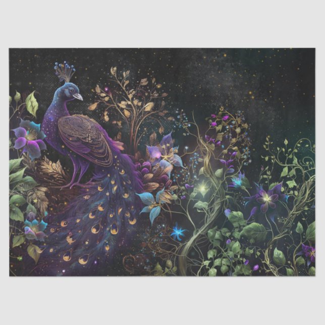 Lebhafte Pfau- und Blumendekoupage Seidenpapier (Vorderseite)