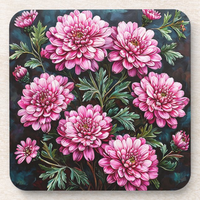 Lebhafte Pink Chrysanthemums Getränkeuntersetzer (Vorderseite)