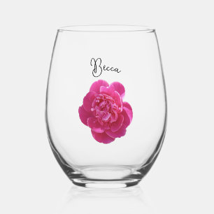 Lebhafte Pink Peony Blume Personalisiert Weinglas Ohne Stiel