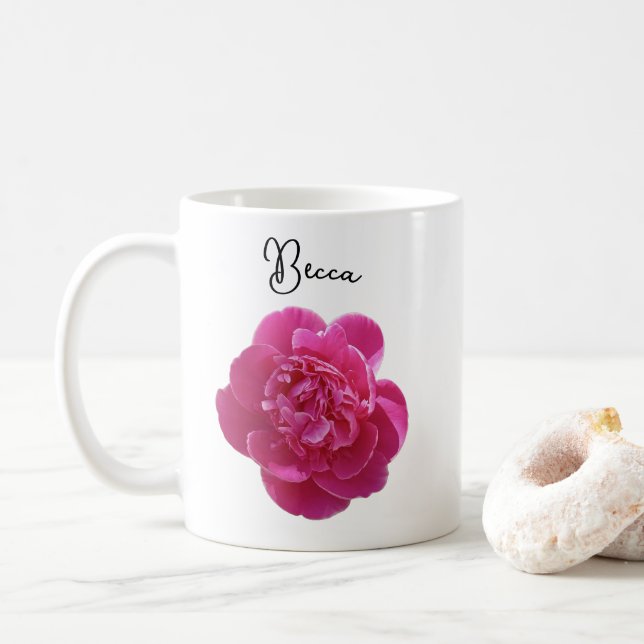 Lebhafte Pink Peony Blume personalisierte Mug Kaffeetasse (Mit Donut)
