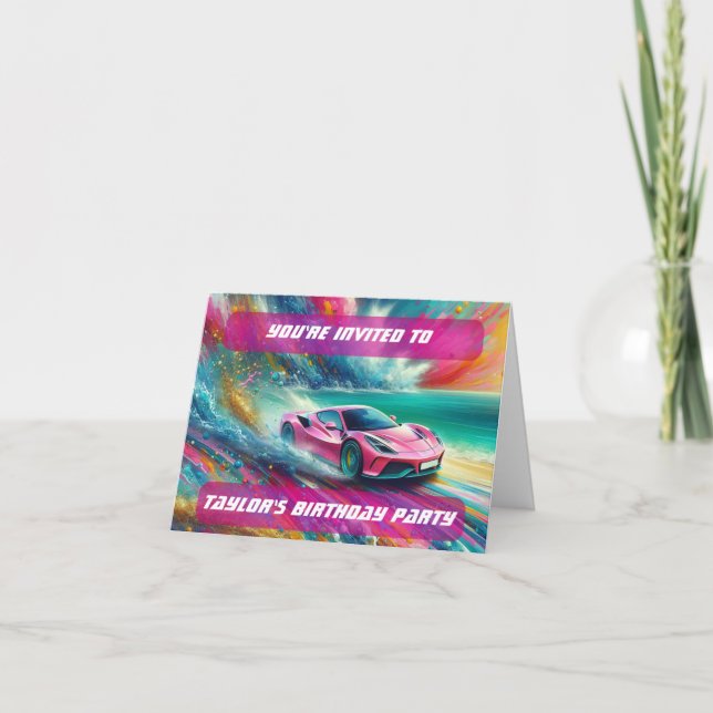 Lebhafte Pink Sportscar am Tropical Beach Einladung (Vorderseite)