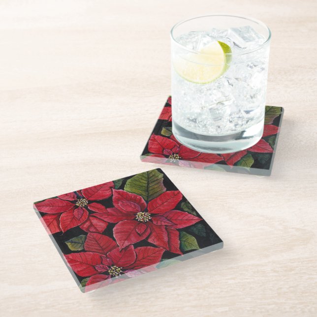 Lebhafte Poinsettia in Wasserfarbe Glasuntersetzer (Schrägansicht)