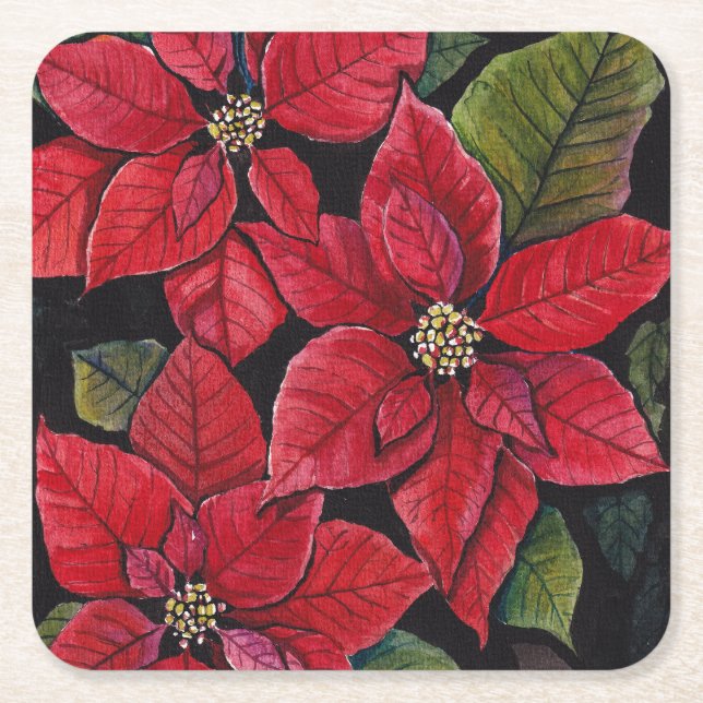 Lebhafte Poinsettia in Wasserfarbe Rechteckiger Pappuntersetzer (Vorderseite)