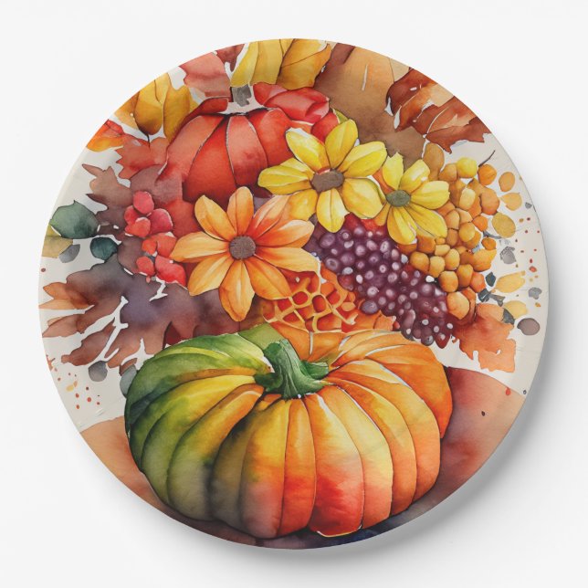 Lebhafte Pumpkin Bouquet Gold Herbsternte Pappteller (Vorderseite)